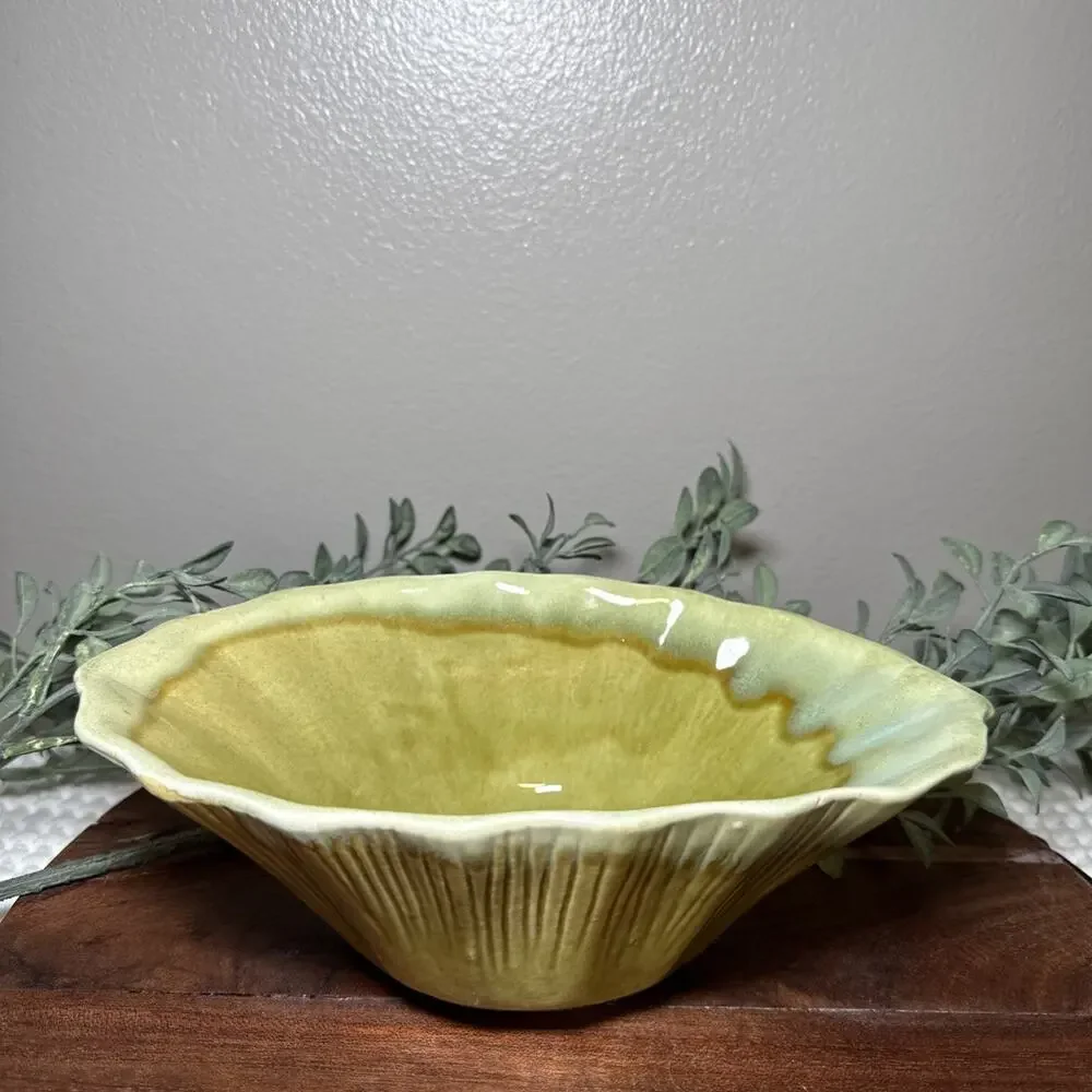 Vintage Mid Century USA P-1 Drip Glaze Pottery Console Bowl Green Yellow 50s 60s